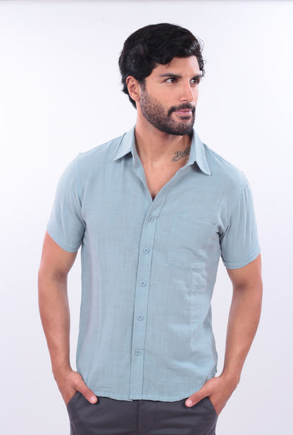 CAMISA SLIM LINO JERAOUS MANGA CORTA  Agua