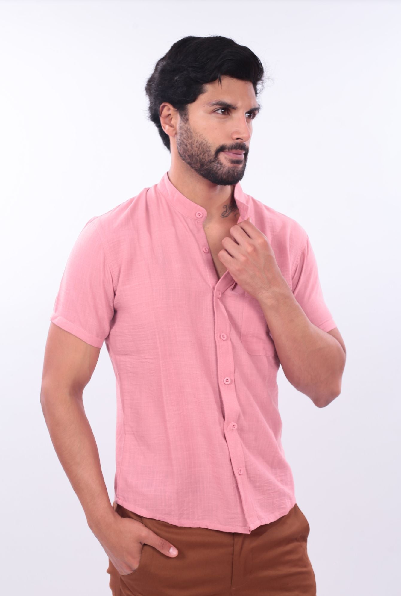 CAMISA SLIM LINO CHINO JERAOUS MANGA CORTA  Rosa