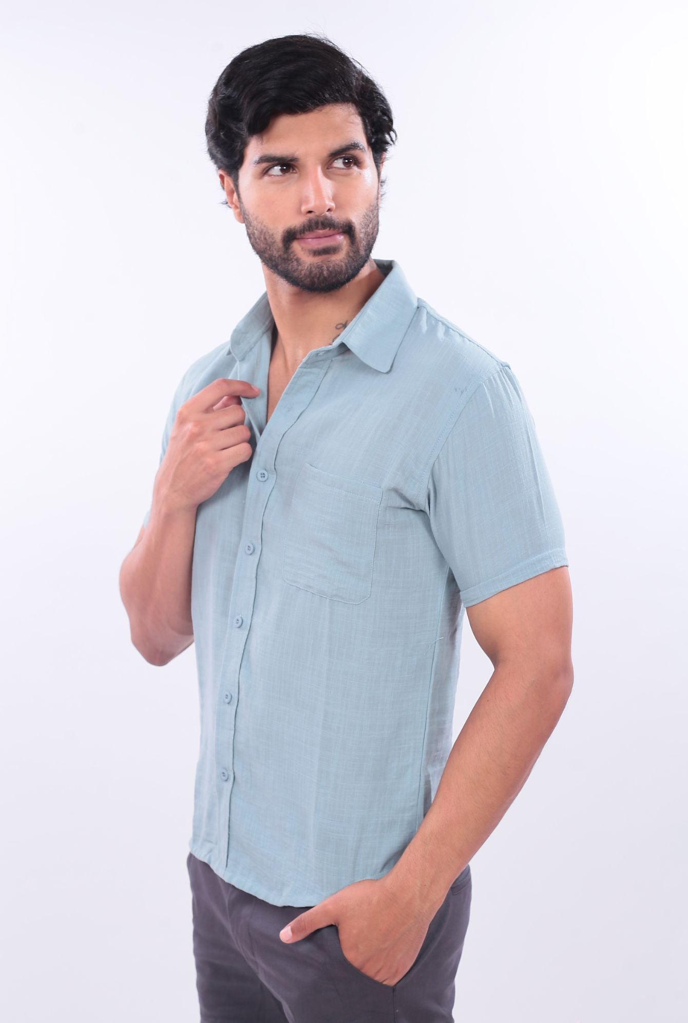 CAMISA SLIM LINO JERAOUS MANGA CORTA  Agua