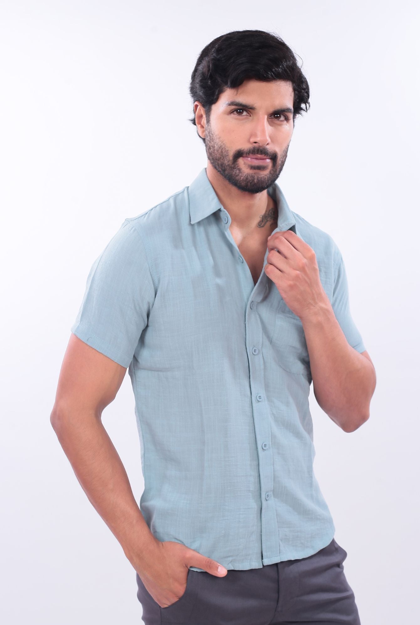 CAMISA SLIM LINO JERAOUS MANGA CORTA  Agua