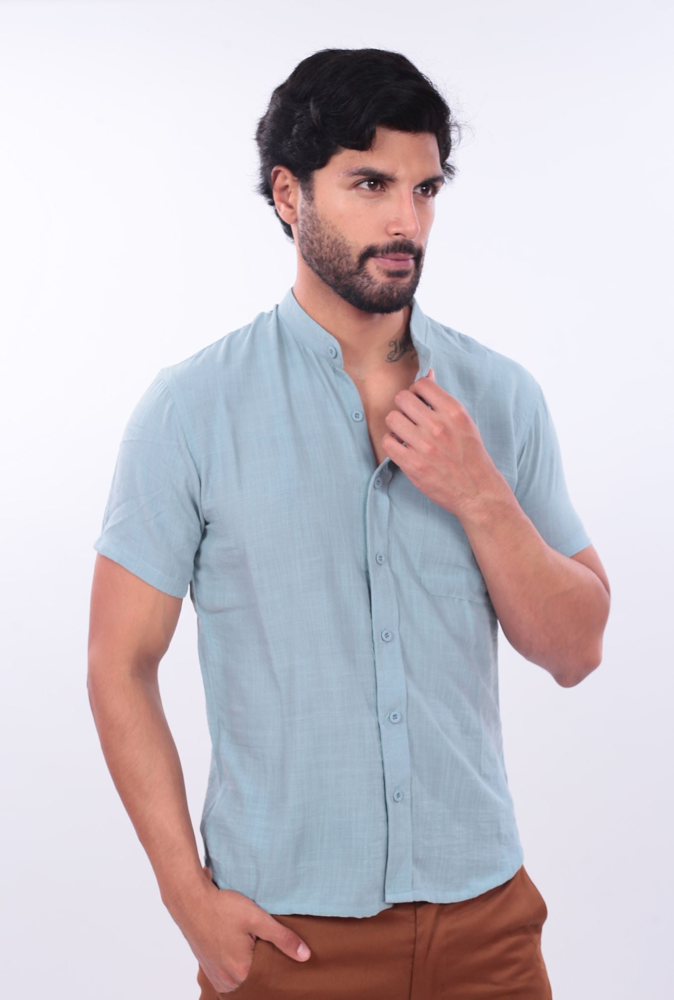 CAMISA SLIM LINO CHINO JERAOUS MANGA CORTA  Agua