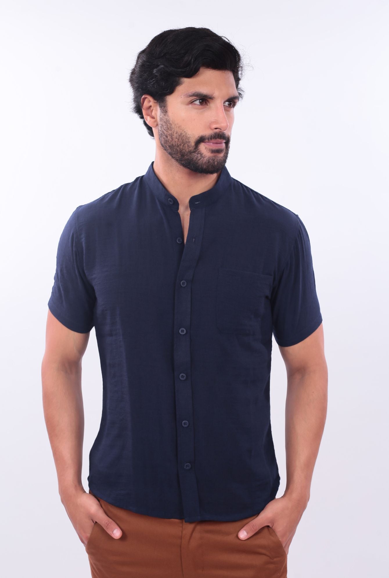 CAMISA SLIM LINO CHINO JERAOUS MANGA CORTA Azul