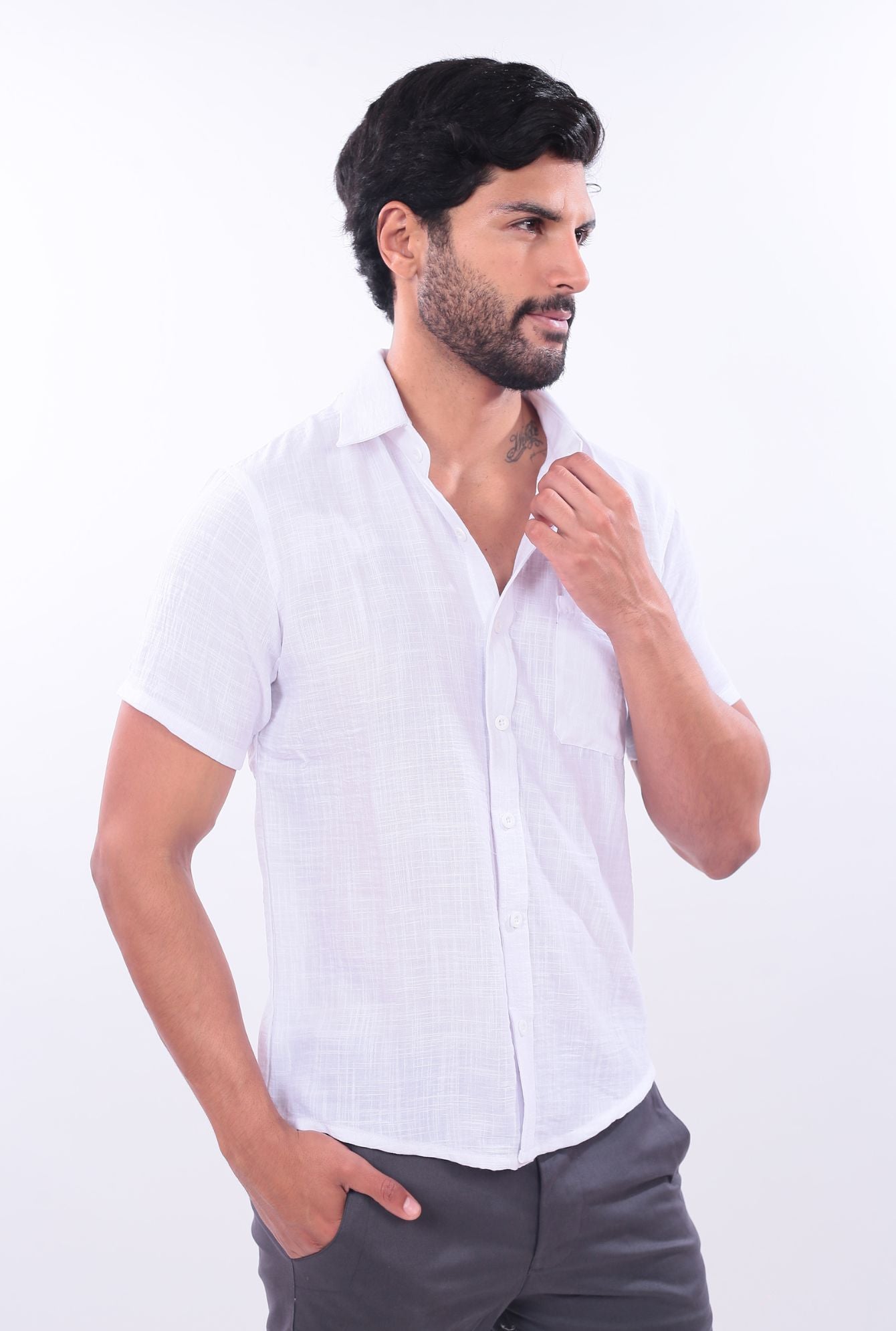 CAMISA SLIM LINO JERAOUS MANGA CORTA  Blanco