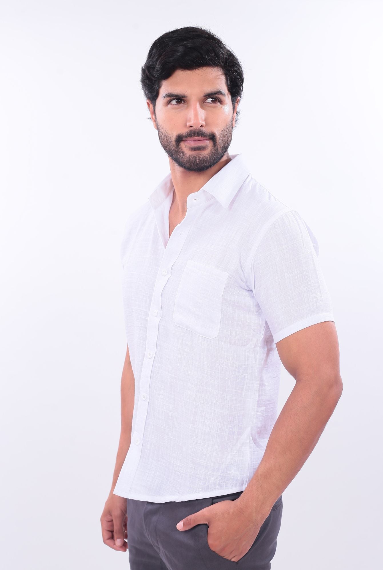 CAMISA SLIM LINO JERAOUS MANGA CORTA  Blanco