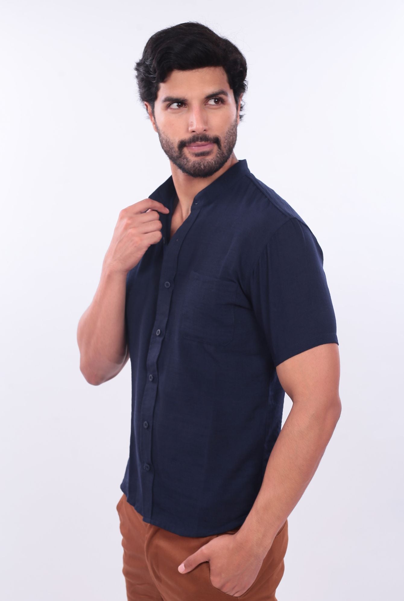 CAMISA SLIM LINO CHINO JERAOUS MANGA CORTA Azul