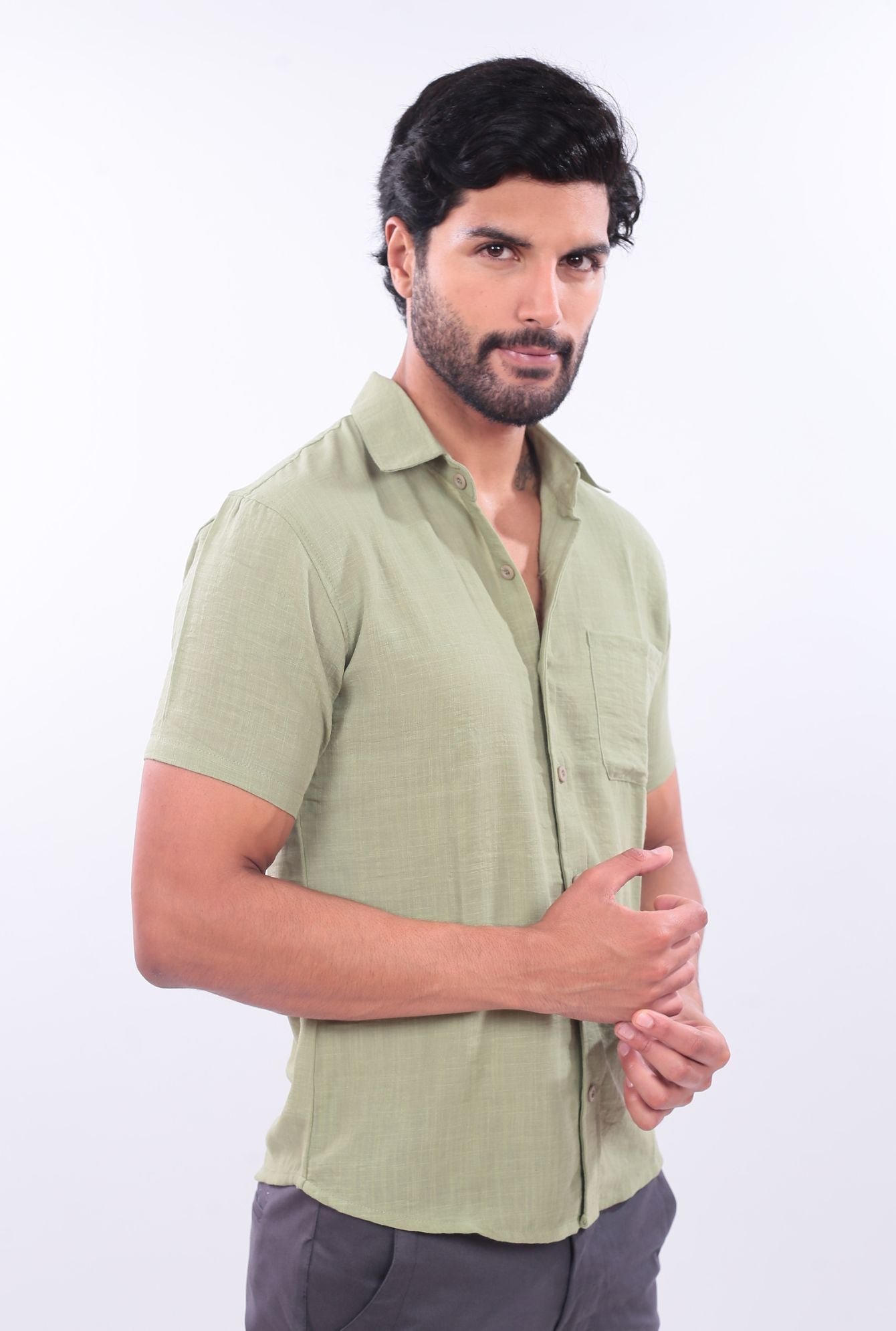 CAMISA SLIM LINO JERAOUS MANGA CORTA  Verde Manzana