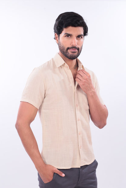 CAMISA SLIM LINO JERAOUS MANGA CORTA  Beige