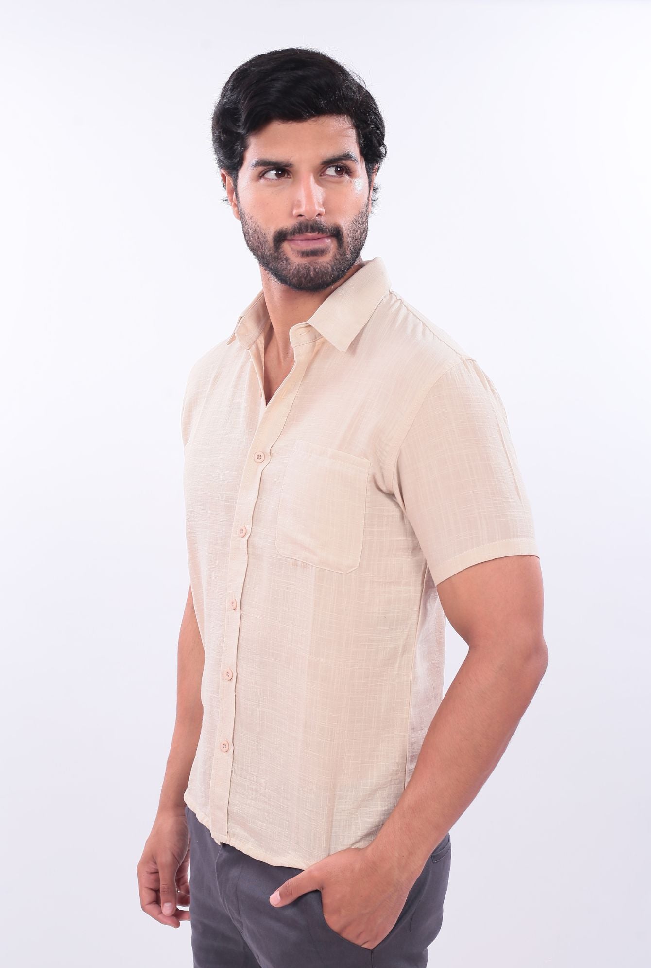 CAMISA SLIM LINO JERAOUS MANGA CORTA  Beige