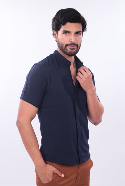 CAMISA SLIM LINO CHINO JERAOUS MANGA CORTA Azul