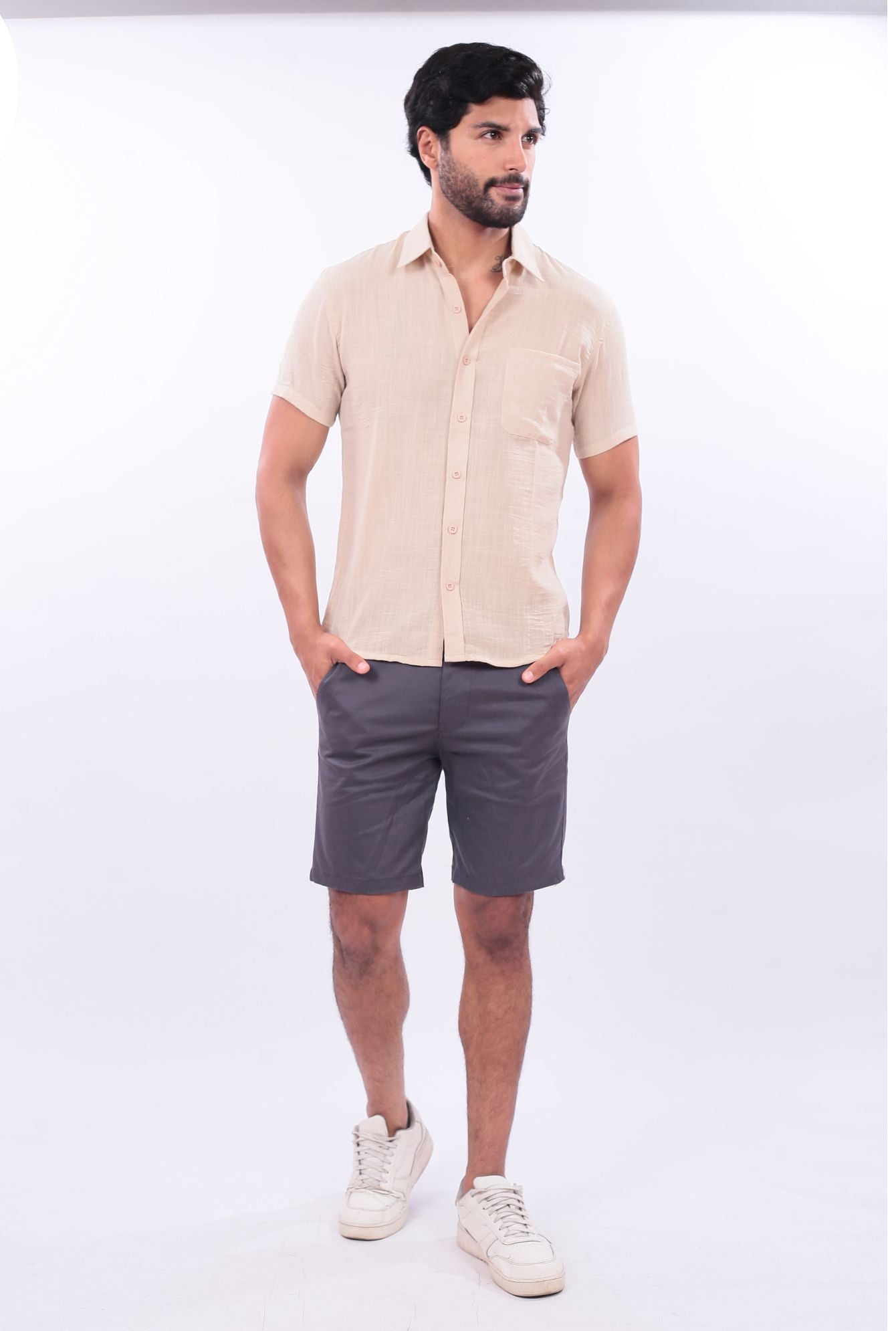 CAMISA SLIM LINO JERAOUS MANGA CORTA  Beige