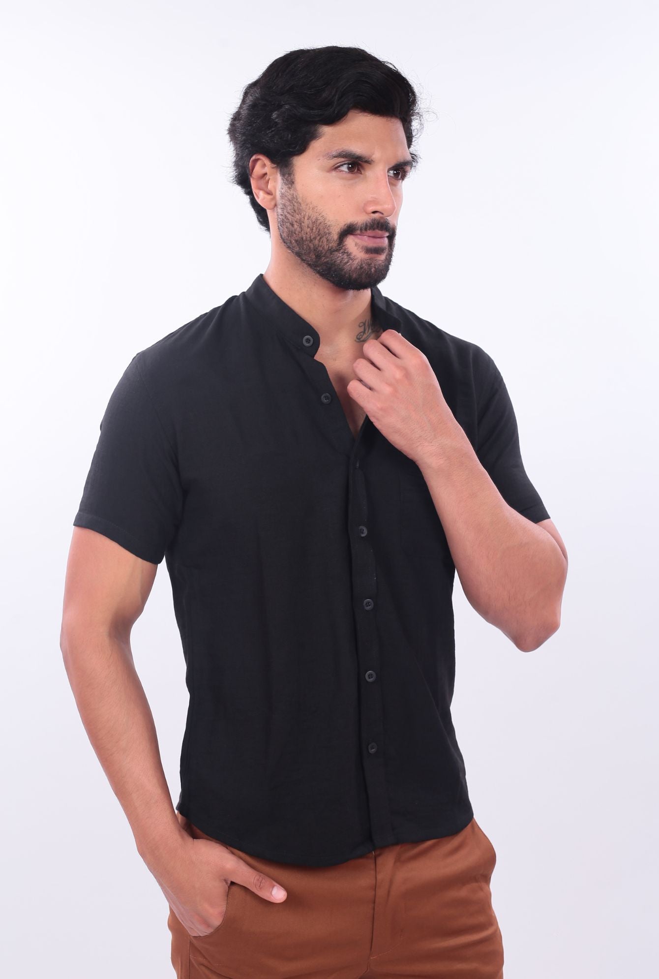 CAMISA SLIM LINO CHINO JERAOUS MANGA CORTA Negro